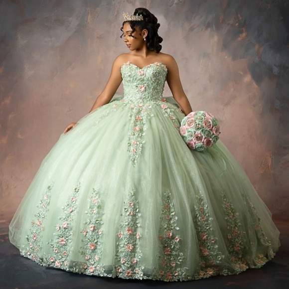 Sage Green Quinceañera Dress With Train - Picture 1 of 9